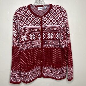 Vintage CC Hughes Cardigan Burgundy Fair Isle Nordic Button Front Festive Large